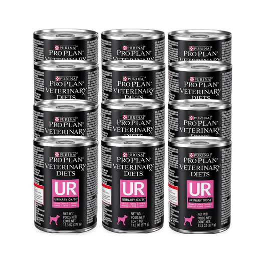 Doce latas de Purina Pro Plan Veterinary Diets UR Urinary Ox/St para perros, dispuestas en cuatro filas.